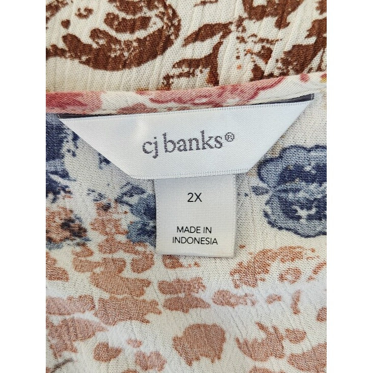 CJ Banks Colorful Abstract Floral V-Neck Blouse Size 2X