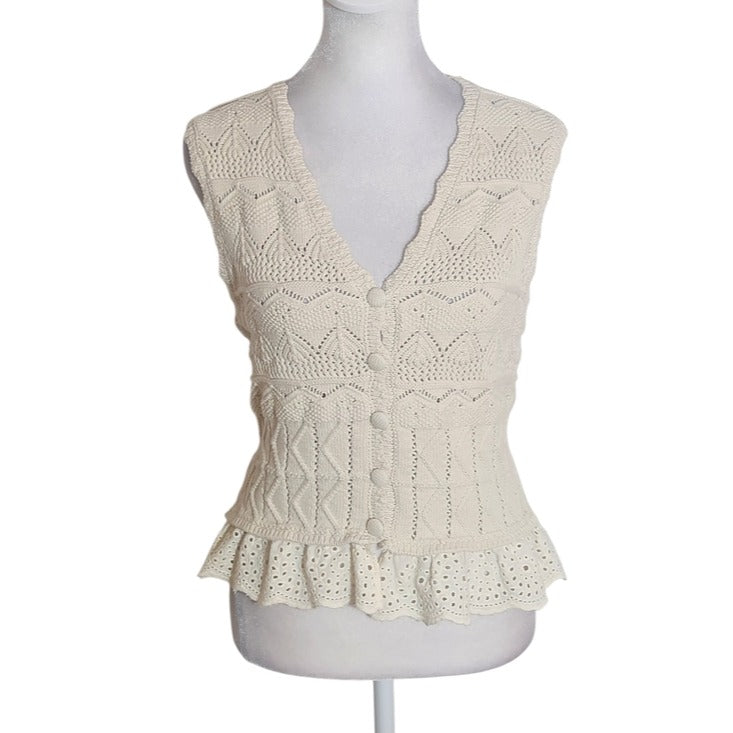 Marled Cream Crochet Vest with Eyelet Lace Hem Size Small