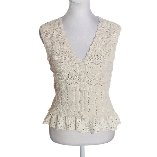 Marled Cream Crochet Vest with Eyelet Lace Hem Size Small