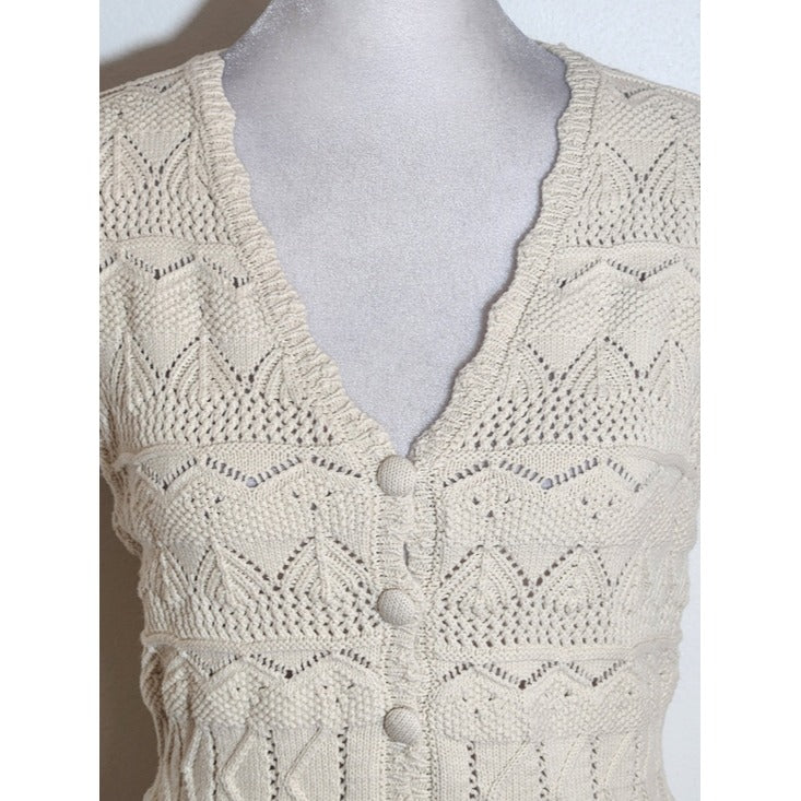 Marled Cream Crochet Vest with Eyelet Lace Hem Size Small