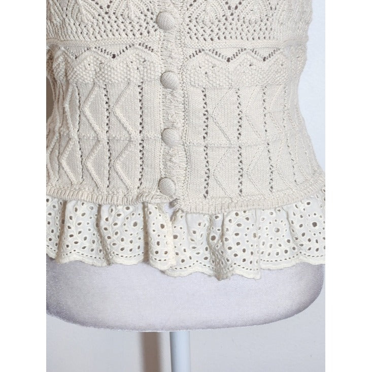 Marled Cream Crochet Vest with Eyelet Lace Hem Size Small
