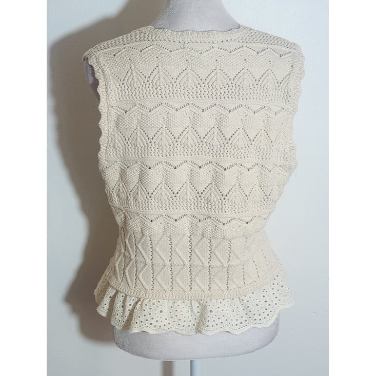 Marled Cream Crochet Vest with Eyelet Lace Hem Size Small