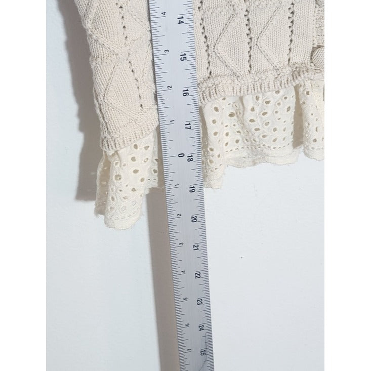 Marled Cream Crochet Vest with Eyelet Lace Hem Size Small