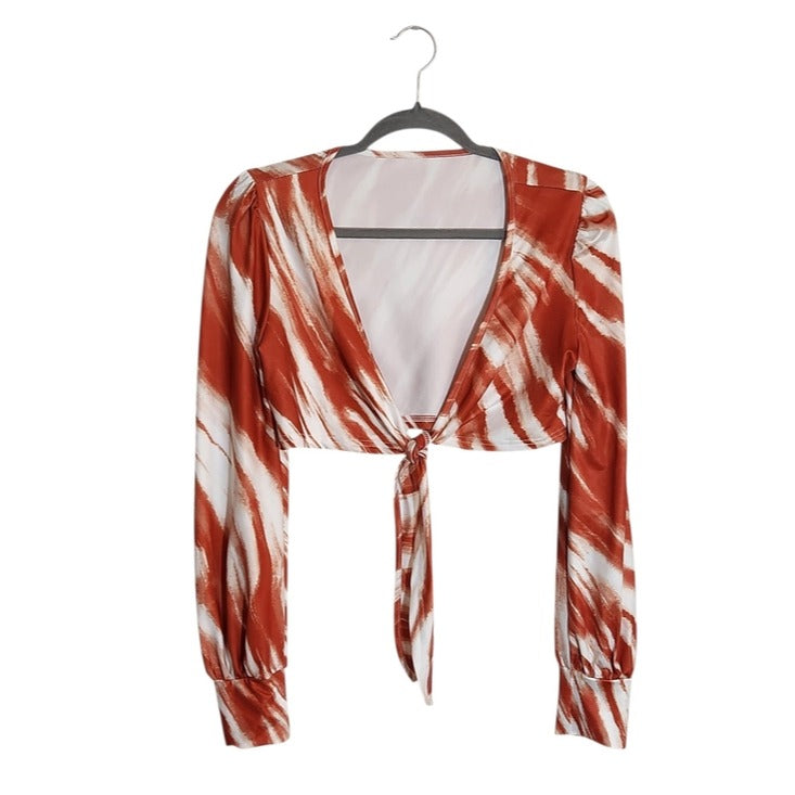 SHEIN Orange and White Print Tie Front Crop Top Size Medium NWT