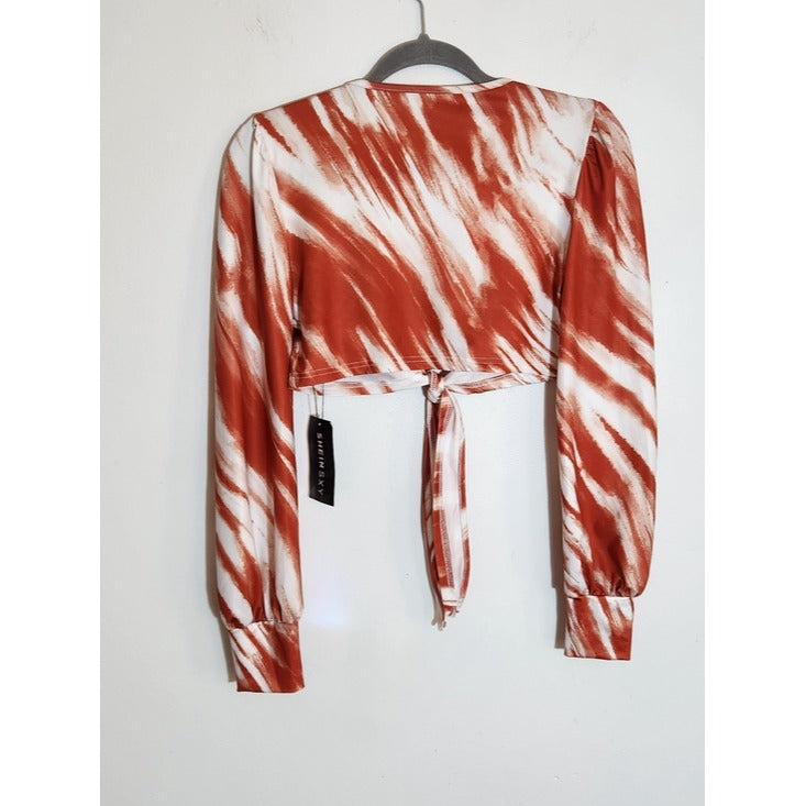 SHEIN Orange and White Print Tie Front Crop Top Size Medium NWT