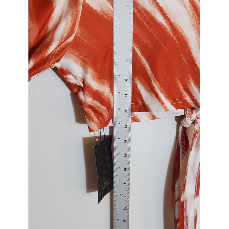SHEIN Orange and White Print Tie Front Crop Top Size Medium NWT