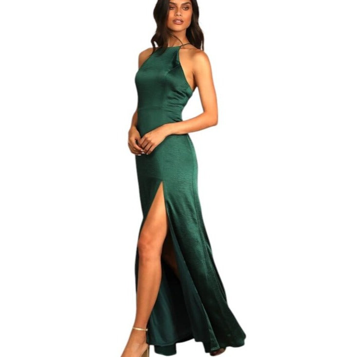 Lulus Emerald Green Satin Halter Maxi Dress Size Large NWOT Wedding Guest Dress