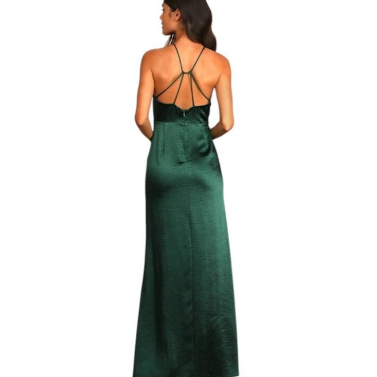Lulus Emerald Green Satin Halter Maxi Dress Size Large NWOT Wedding Guest Dress