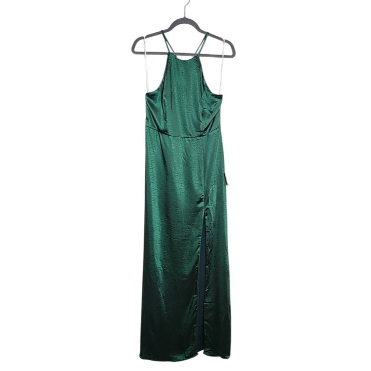 Lulus Emerald Green Satin Halter Maxi Dress Size Large NWOT Wedding Guest Dress