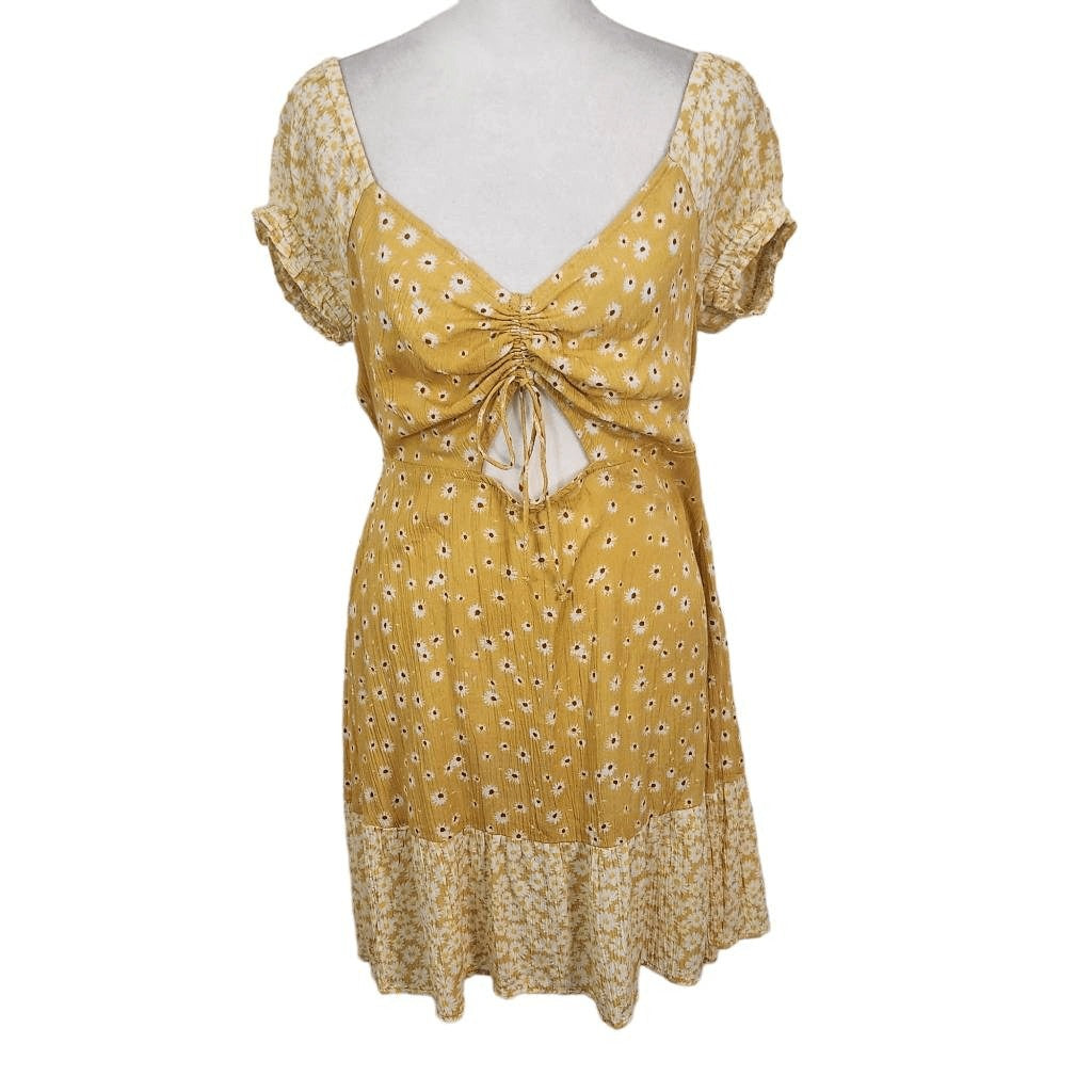 Derek Heart Yellow Floral Mini Dress with Cutout Size Large Floral Boho Dress