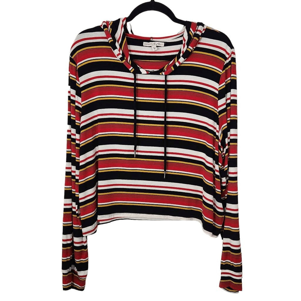 Express Red Stripe Cropped Hoodie Size XL Striped Knit Top with Hoodie