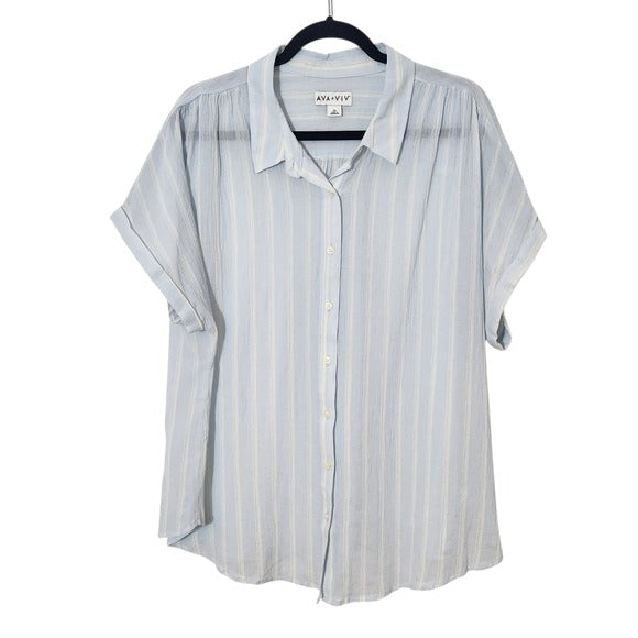 Ava & Viv Light Blue Striped Button-Up Shirt Size 2X Blue Stripe Sheer Top