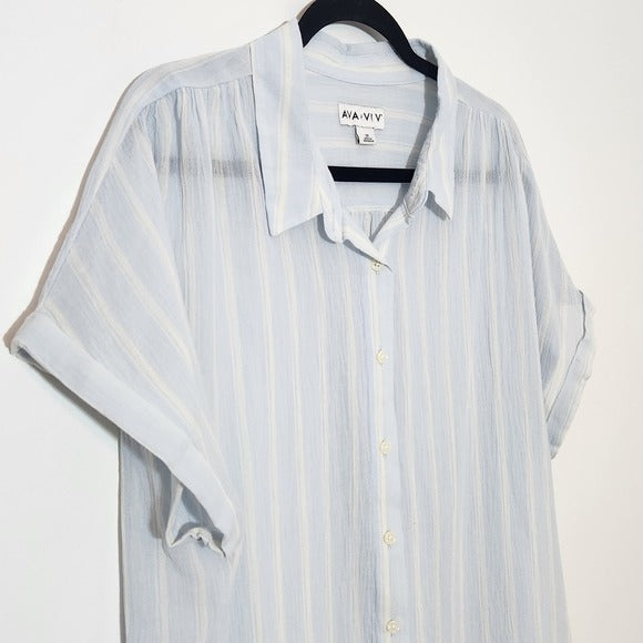Ava & Viv Light Blue Striped Button-Up Shirt Size 2X Blue Stripe Sheer Top