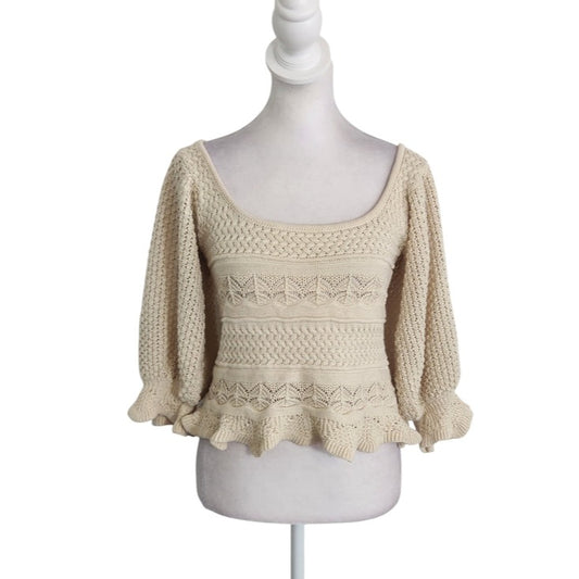 Lucy Paris Beige Knit Cropped Sweater with Puffy Sleeves Size XS
