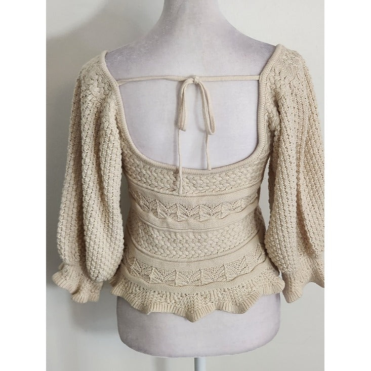 Lucy Paris Beige Knit Cropped Sweater with Puffy Sleeves Size XS