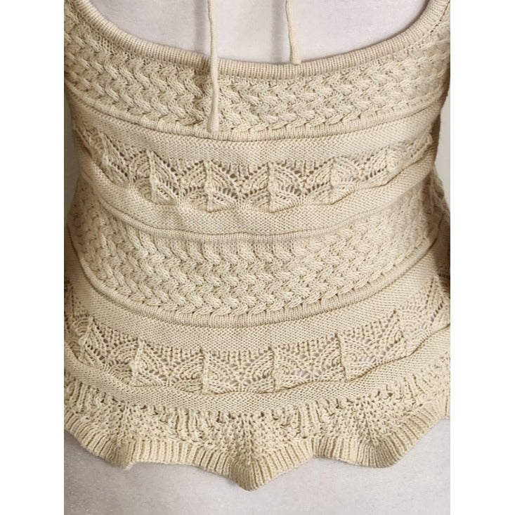Lucy Paris Beige Knit Cropped Sweater with Puffy Sleeves Size XS