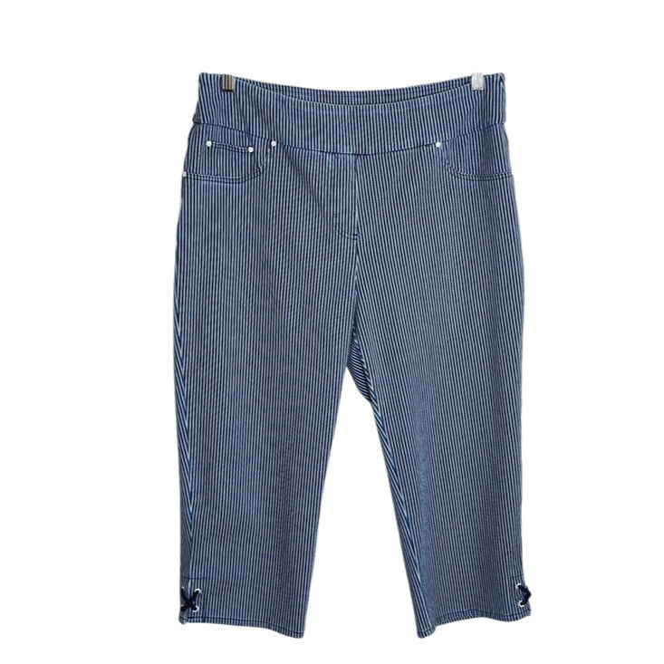 Ruby Rd. Blue and White Striped Pull-On Capri Pants with Lace-Up Hem Size 12