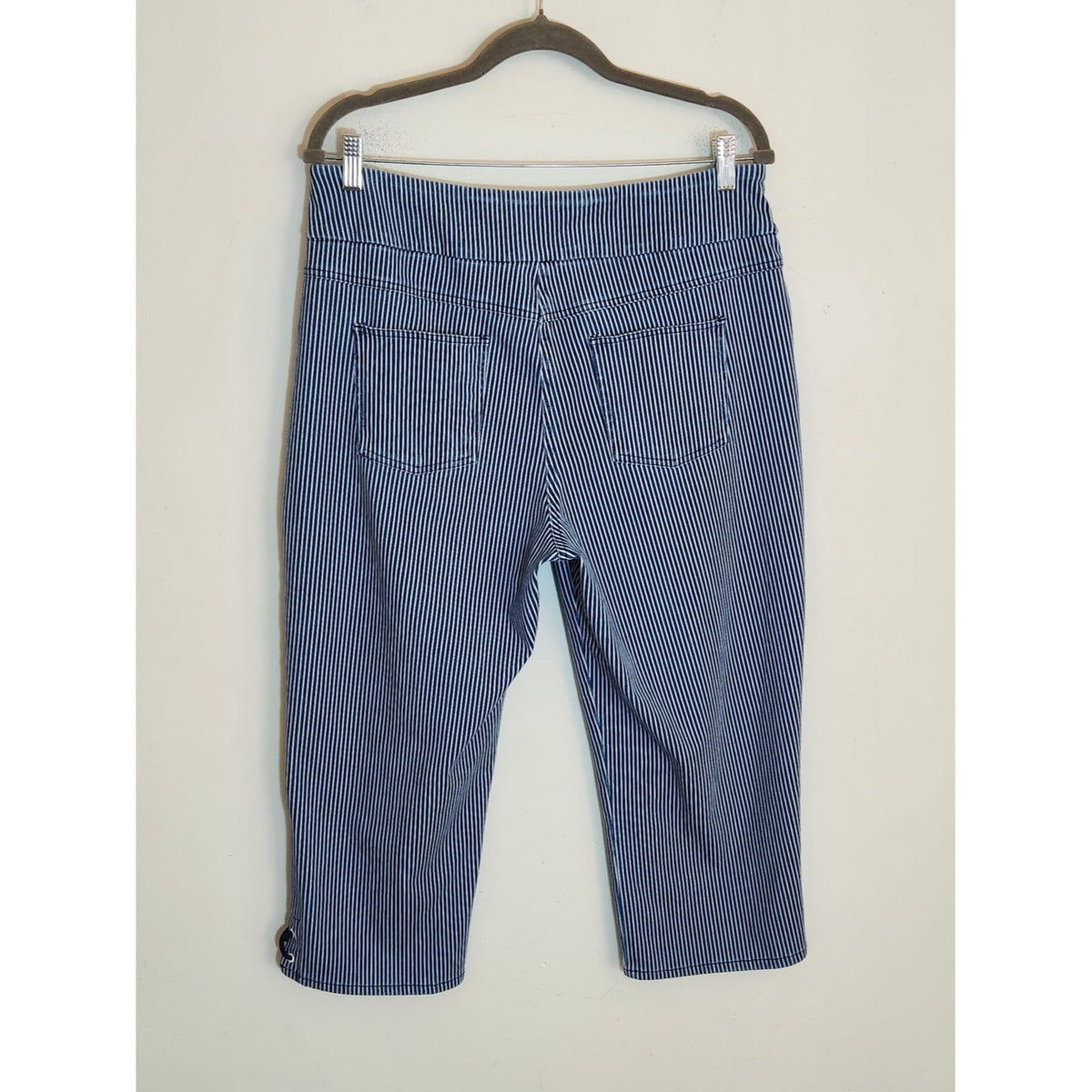 Ruby Rd. Blue and White Striped Pull-On Capri Pants with Lace-Up Hem Size 12