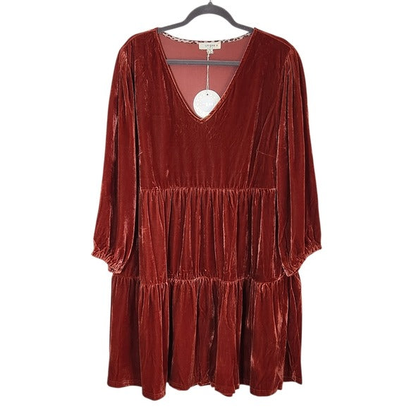 Umgee Burnt Orange Velvet Tiered Mini Dress Size XL NWT Wedding Guest Dress