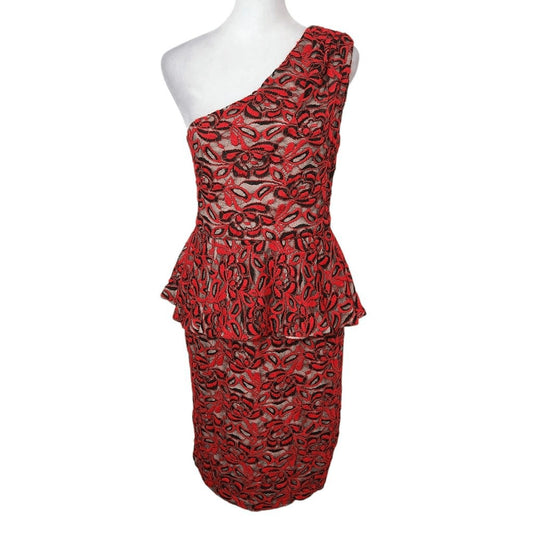 Madam X Red Lace One Shoulder Dress with Peplum NWT Size 8 Lace Cocktail Dress