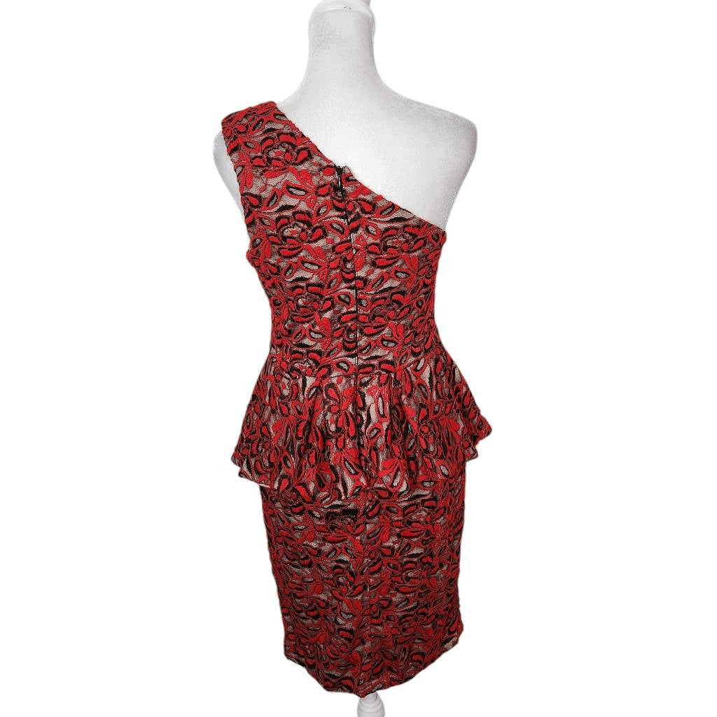 Madam X Red Lace One Shoulder Dress with Peplum NWT Size 8 Lace Cocktail Dress