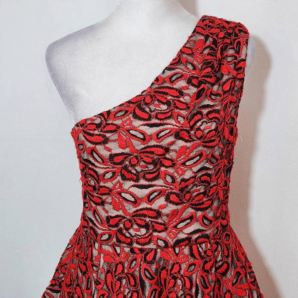 Madam X Red Lace One Shoulder Dress with Peplum NWT Size 8 Lace Cocktail Dress