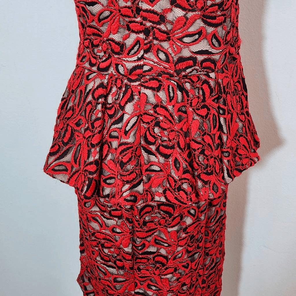 Madam X Red Lace One Shoulder Dress with Peplum NWT Size 8 Lace Cocktail Dress