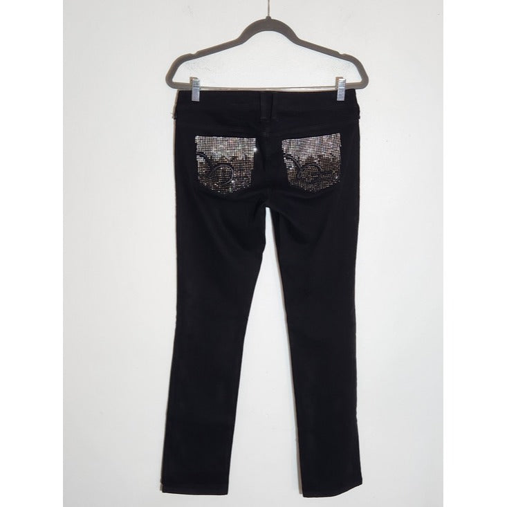 Bebe Black Y2K Straight Leg Rhinestone Pocket Jeans Size 28