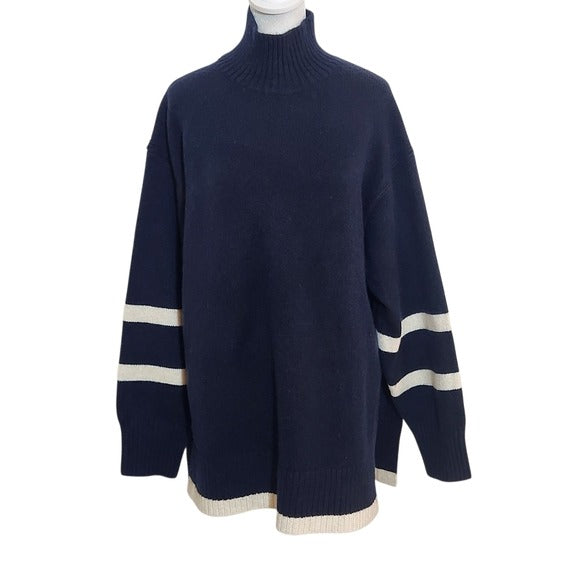 H&M Navy Oversized Sweater with Cream Stripe Details Size Medium