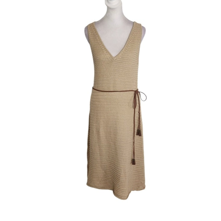 Soft Surroundings Sleeveless Khaki Knit Dress with Gold Accents Size Medium NWT