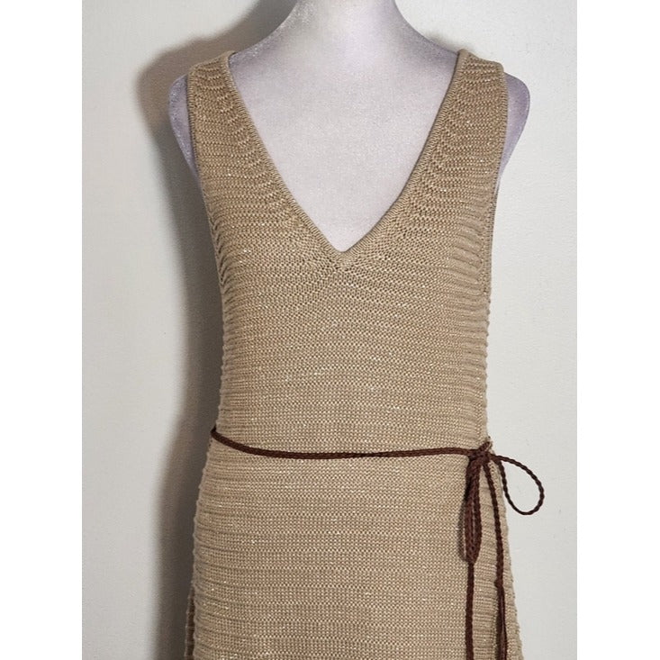 Soft Surroundings Sleeveless Khaki Knit Dress with Gold Accents Size Medium NWT