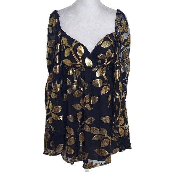 Buddy Love Black and Metallic Gold Leaf Mini Cocktail Dress NWOT Size XS