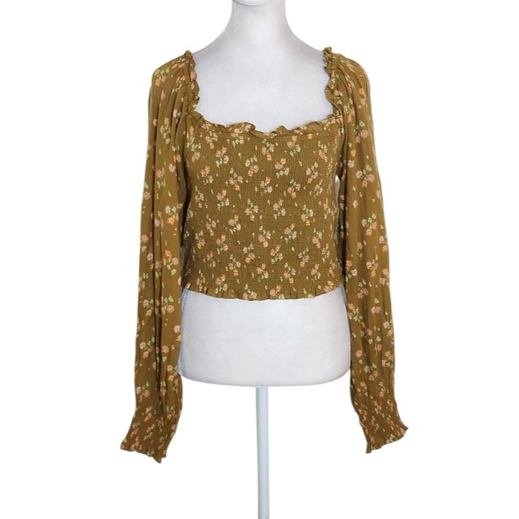 Aerie Square Neck Brown Floral Smocked Cropped Blouse Size Medium
