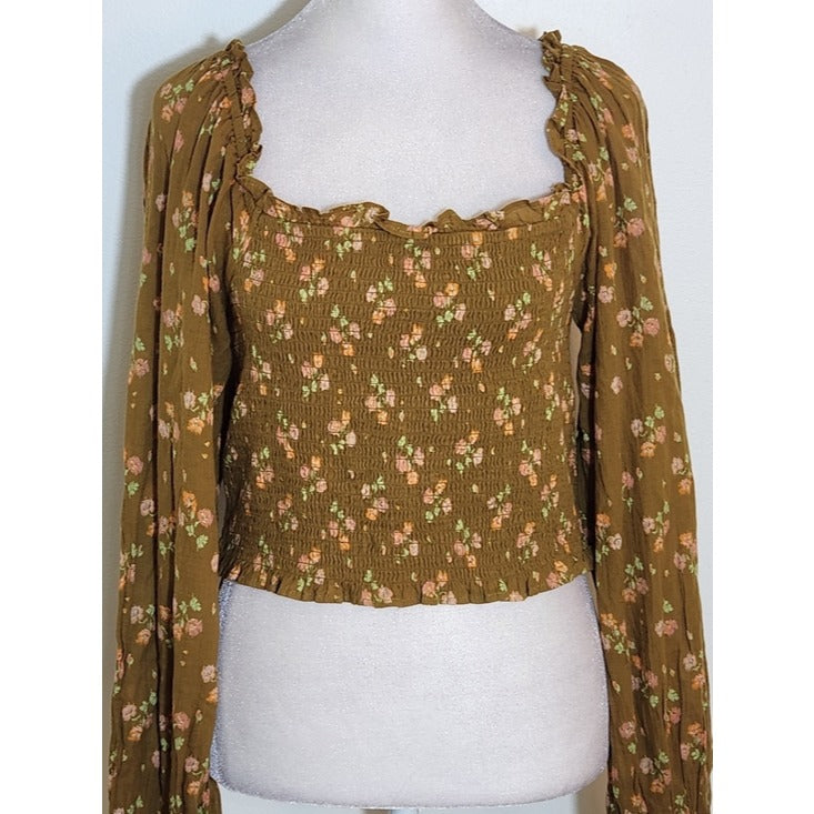 Aerie Square Neck Brown Floral Smocked Cropped Blouse Size Medium