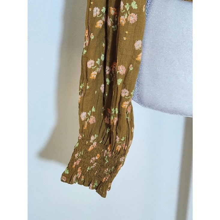 Aerie Square Neck Brown Floral Smocked Cropped Blouse Size Medium