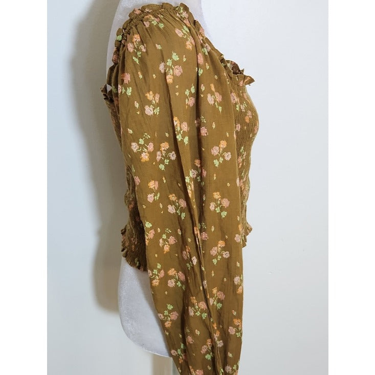 Aerie Square Neck Brown Floral Smocked Cropped Blouse Size Medium