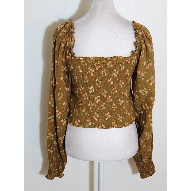 Aerie Square Neck Brown Floral Smocked Cropped Blouse Size Medium