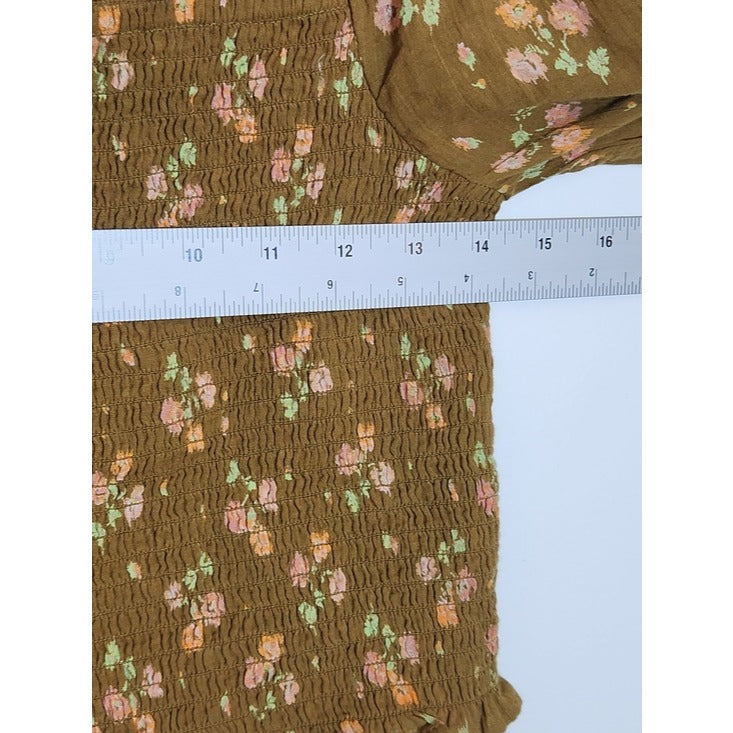 Aerie Square Neck Brown Floral Smocked Cropped Blouse Size Medium