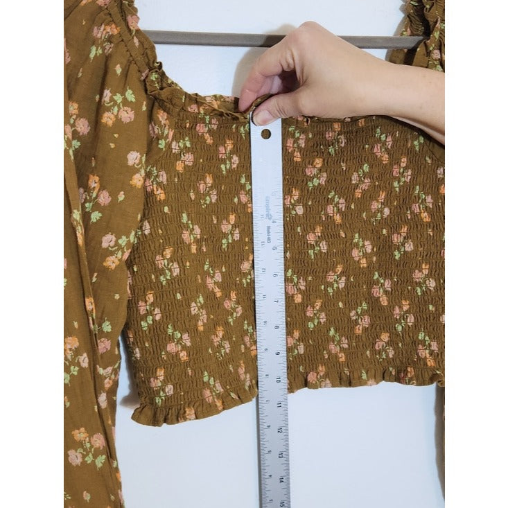 Aerie Square Neck Brown Floral Smocked Cropped Blouse Size Medium