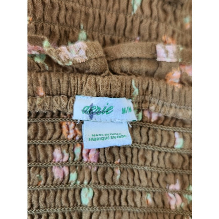 Aerie Square Neck Brown Floral Smocked Cropped Blouse Size Medium