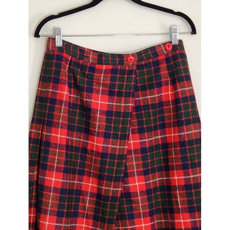 Prestige of Boston Vintage Red Tartan Plaid Wrap Midi Skirt Size 10 Flaw