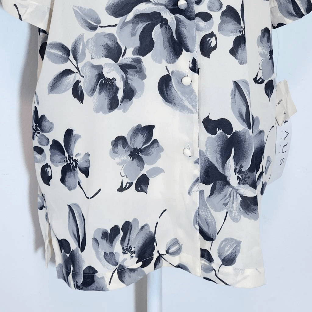 Chaus Gray and Cream Short Sleeve Button-Up Blouse NWT Size 10 Gray Floral Top