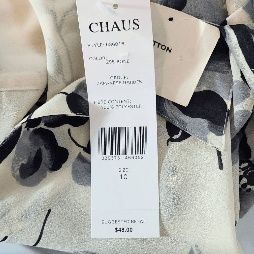 Chaus Gray and Cream Short Sleeve Button-Up Blouse NWT Size 10 Gray Floral Top