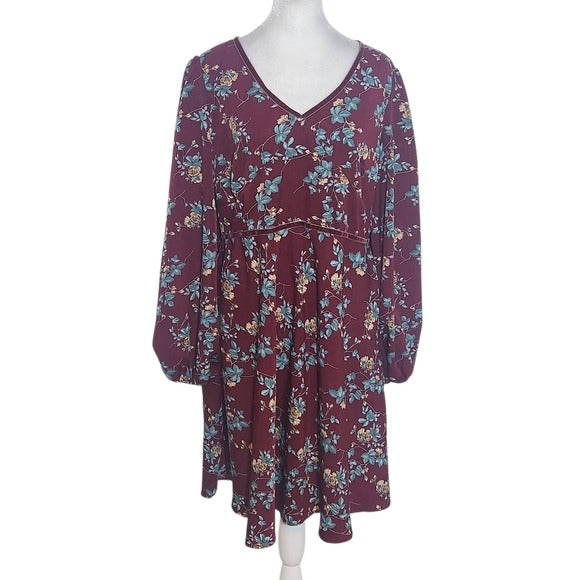 Suzanne Betro Velvet Trim Oxblood Floral Mini Dress Size Large