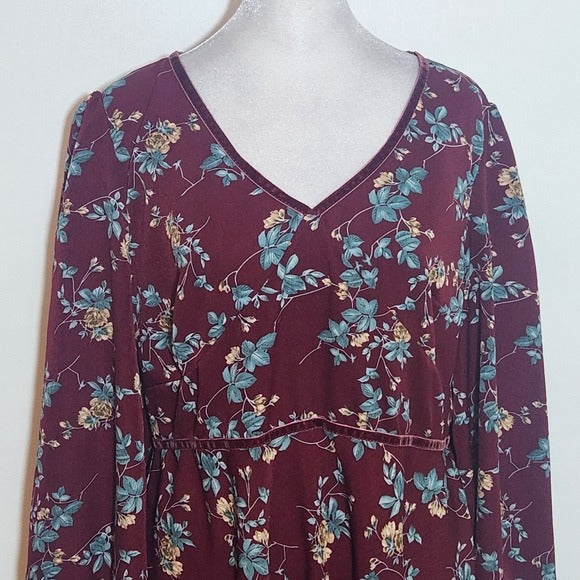 Suzanne Betro Velvet Trim Oxblood Floral Mini Dress Size Large