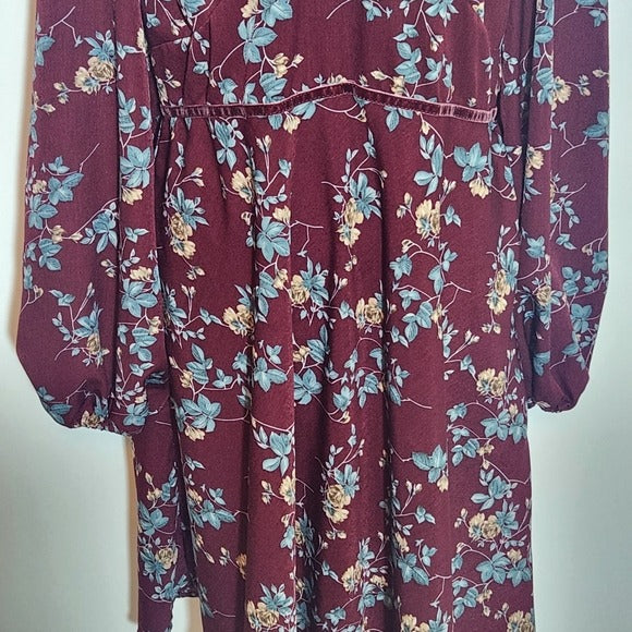 Suzanne Betro Velvet Trim Oxblood Floral Mini Dress Size Large