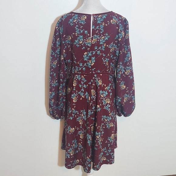 Suzanne Betro Velvet Trim Oxblood Floral Mini Dress Size Large
