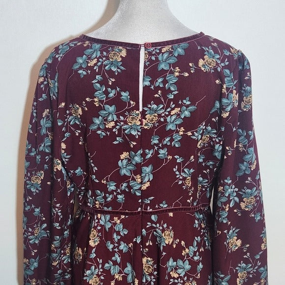 Suzanne Betro Velvet Trim Oxblood Floral Mini Dress Size Large