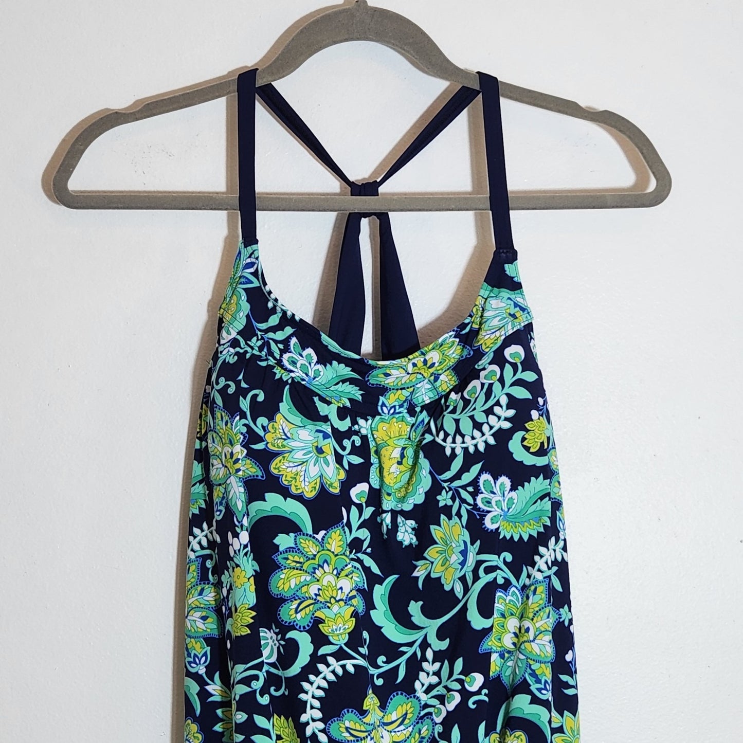 Lands' End Navy Blue and Green Floral Swimsuit Tankini Top Size 10