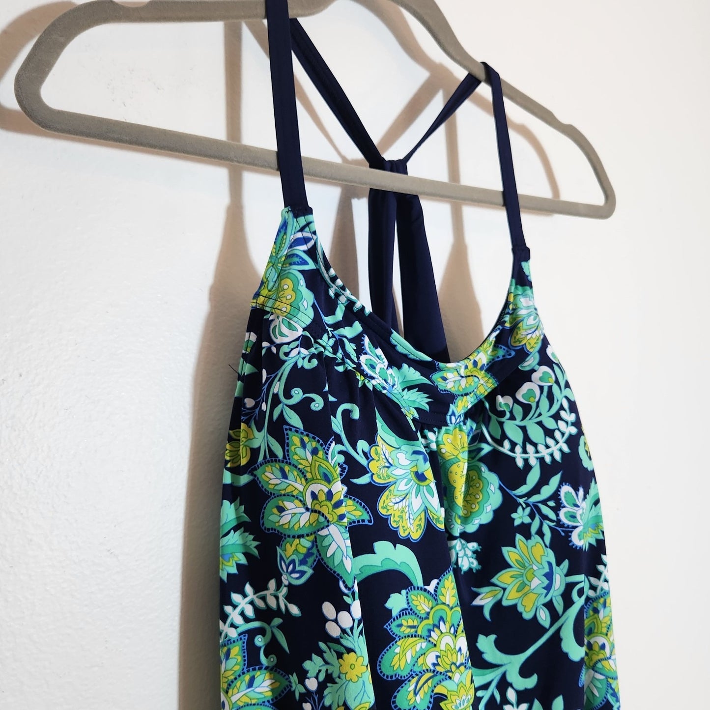 Lands' End Navy Blue and Green Floral Swimsuit Tankini Top Size 10